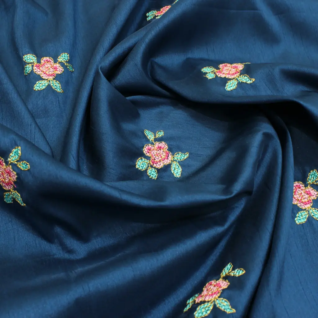 Silk 3 Leaf Butti Fabric - 3.5 mtr (Blue)