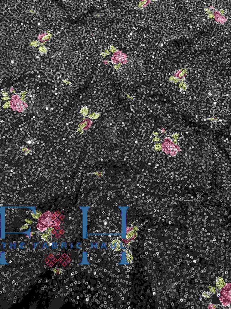 Falling Roses Black Seq- 1 mtr (White)