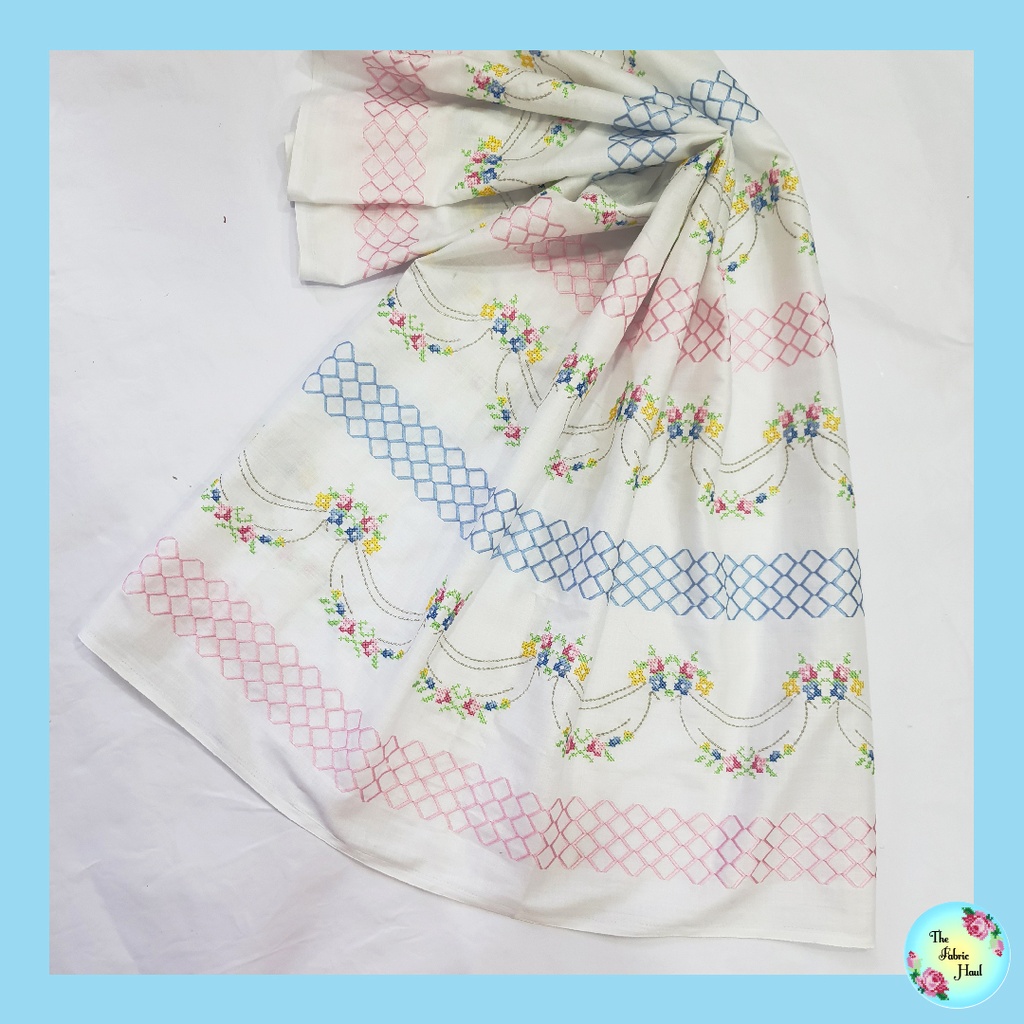 Rose Scallops with Pink & Blue Diamond Embroidered Borders