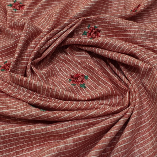 Rusty Red Round Roses on Stripes - 3.5 mtr