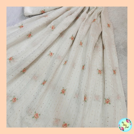 Off White Silk Sequins with Peach Round Roses 1 mtr