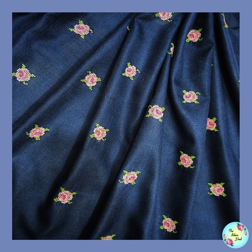 Navy Blue with Cross Stitch Round Roses 5 mtr