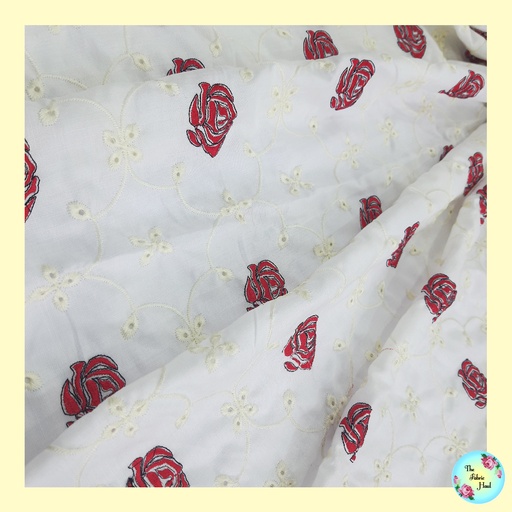 White with Embroidered Red Roses and Pastel Yellow Hakoba