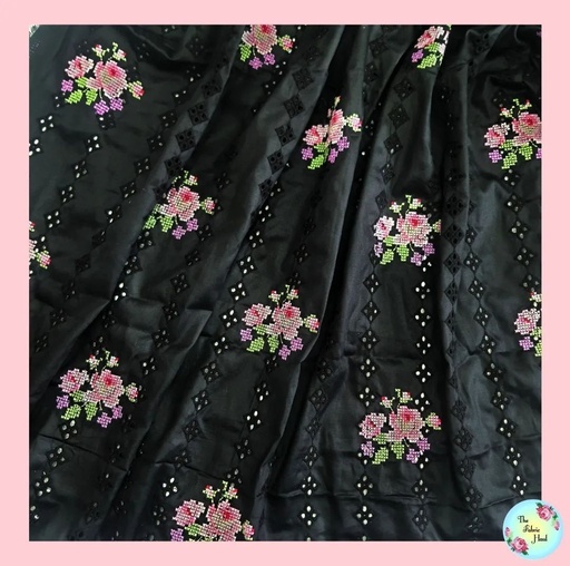 Black Hakoba with Rose Bunch Cross Stitch - 1 mtr