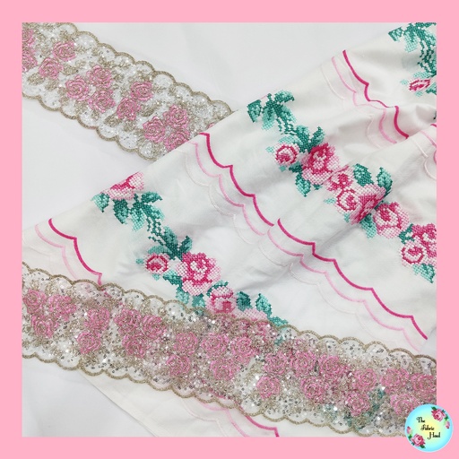Pink roses with Gold Detailing Sequined lace