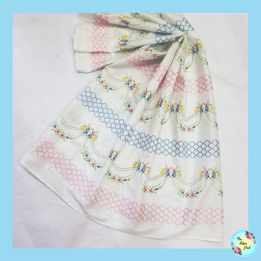 Rose Scallops with Pink & Blue Diamond Embroidered Borders