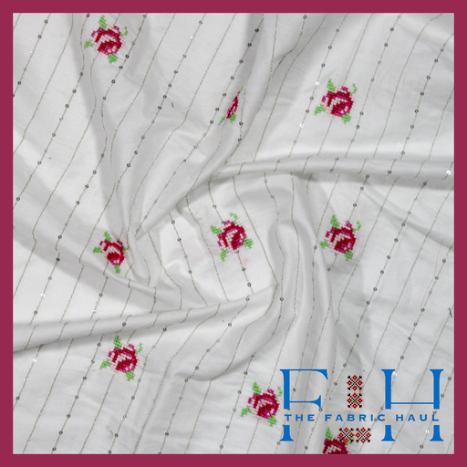 White Raw Silk 58" Cross Stitch Round Roses -1 mtr 